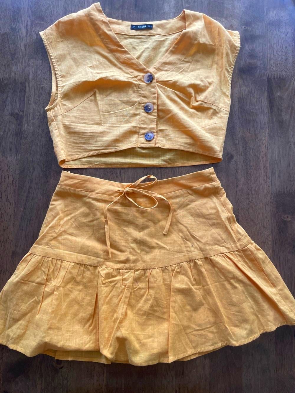 SHEIN Mustard Yellow 100% Cotton Skort & Top Two Piece Set Size Small